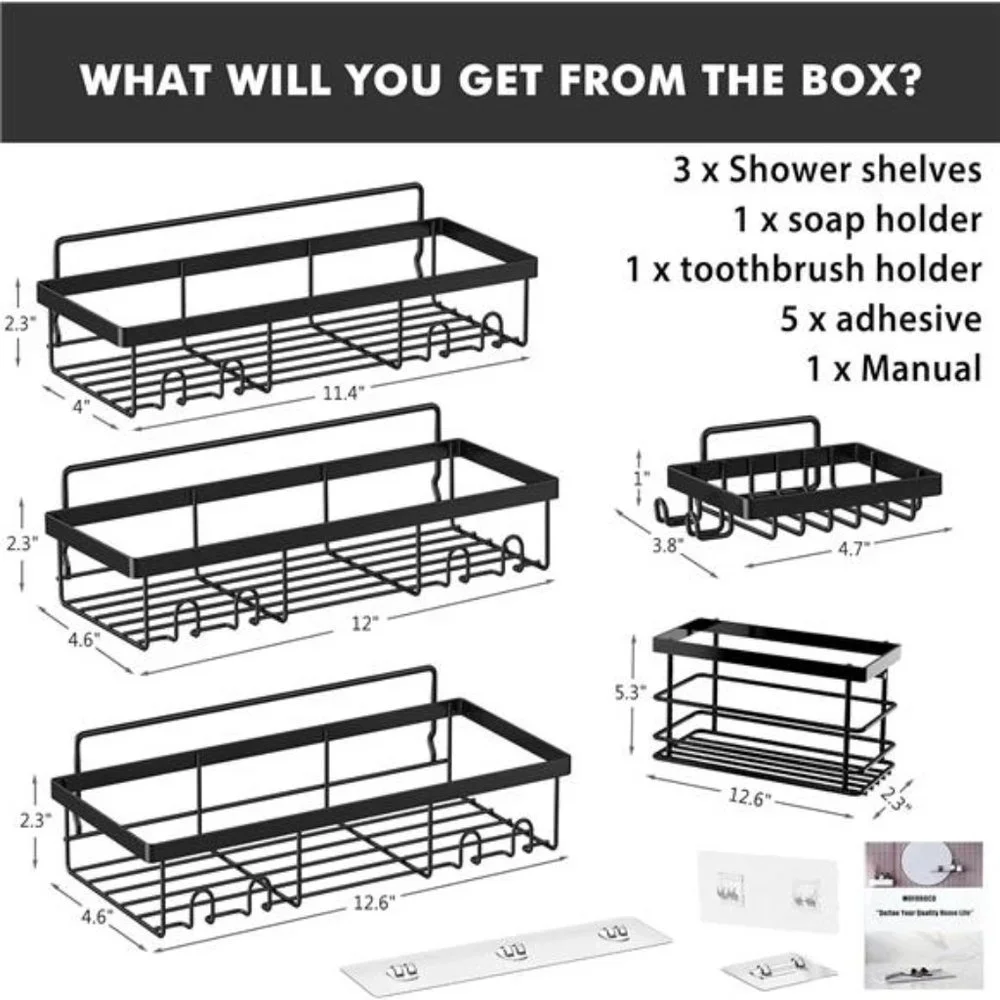 5 Pack Shower Caddy Shelf Organizers Rack, Self Adhesive Black, No Drilling